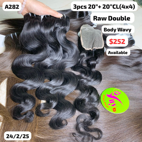3pcs 20" and 20" 4x4 closure Body wavy double drawn raw hair (A282)