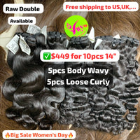 Deal 10pcs 14": 5pcs Loose curly and 5pcs Body wave double drawn raw hair