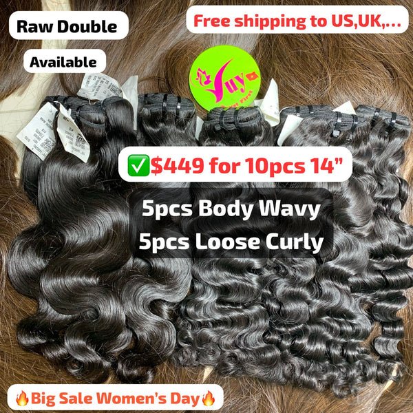 Deal 10pcs 14": 5pcs Loose curly and 5pcs Body wave double drawn raw hair