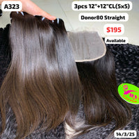 3pcs 12" and 12" 5x5 closure Straight brown color single donor hair (A323)