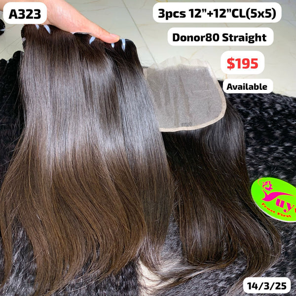 3pcs 12" and 12" 5x5 closure Straight brown color single donor hair (A323)