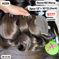 3pcs 12" and 10" 4x4 closure Wavy single donor hair (A339)