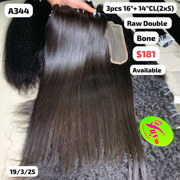 3pcs 16" and 14" 2x5 closure Bone straight double drawn raw hair (A344)