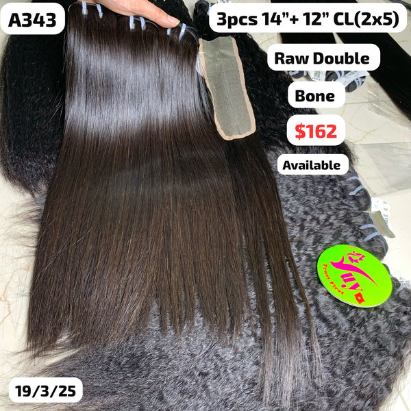 3pcs 14" and 12" 2x5 closure Bone straight double drawn raw hair (A343)