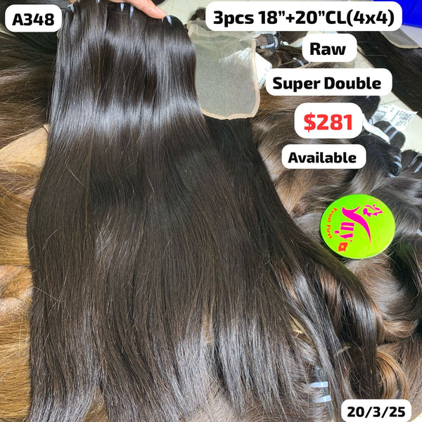 3pcs 18" and 20" 4x4 closure Straight super double drawn raw hair (A348)