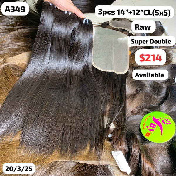 3pcs 14" and 12" 5x5 closure Straight super double drawn raw hair (A349)