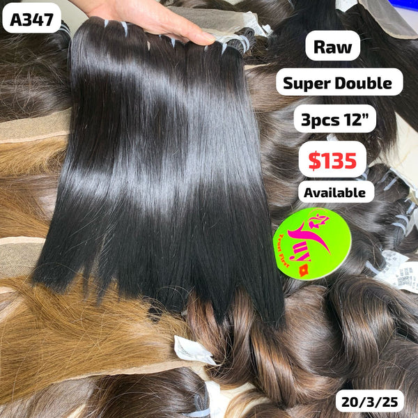 3pcs 12" Straight super double drawn raw hair (A347)
