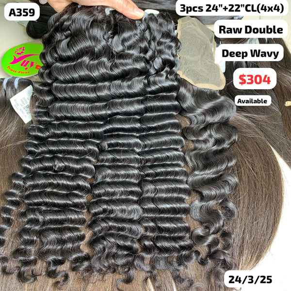3pcs 24" and 22" 4x4 closure Deep wave double drawn raw hair (A359)