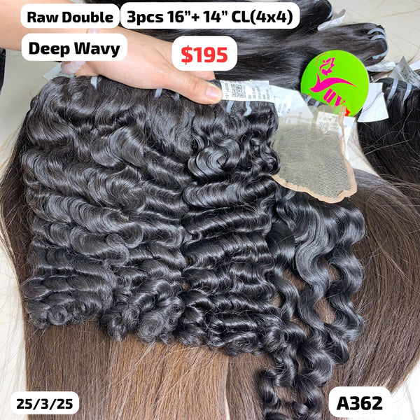 3pcs 16" and 14" 4x4 closure Deep wave double drawn raw hair (A362)