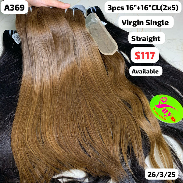 3pcs 16" and 16" 2x5 closure Straight single drawn brown color hair (A369)