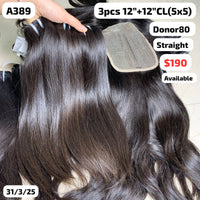 3pcs 12" and 12" 5x5 closure Straight single donor hair (A389)