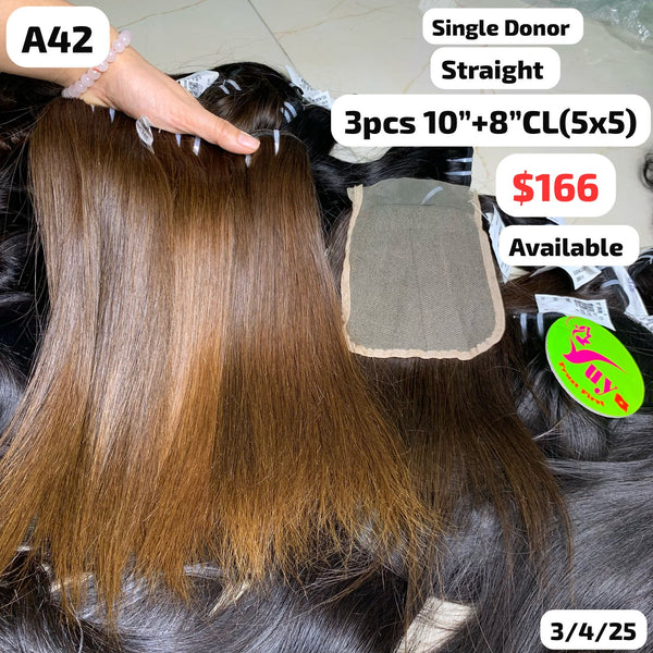 3pcs 10" and 8" 5x5 closure Straight single donor hair (A42)
