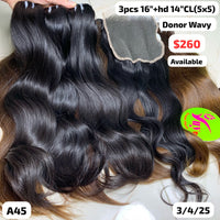3pcs 16" and 14" 5x5 closure Wavy single donor hair (A45)