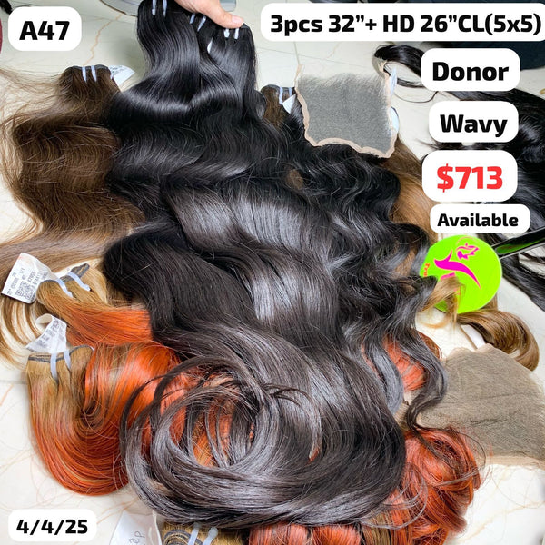 3pcs 32" and 26" 5x5 HD closure Wavy single donor hair (A47)