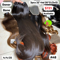 3pcs 32" and 26" 5x5 HD closure Bone straight single donor hair (A48)