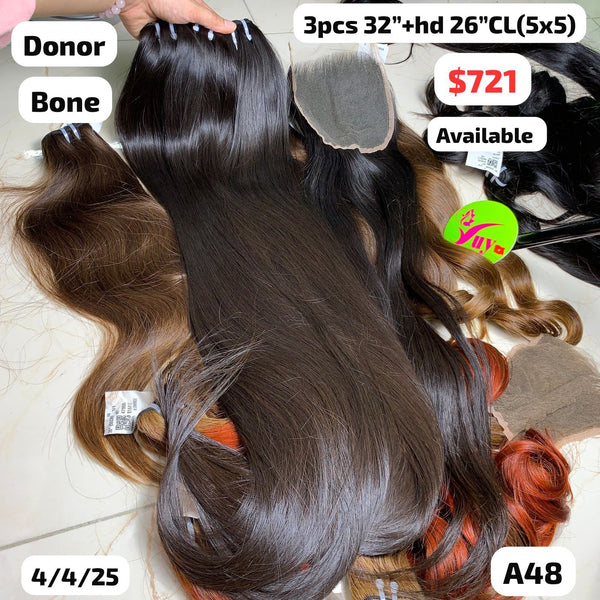 3pcs 32" and 26" 5x5 HD closure Bone straight single donor hair (A48)