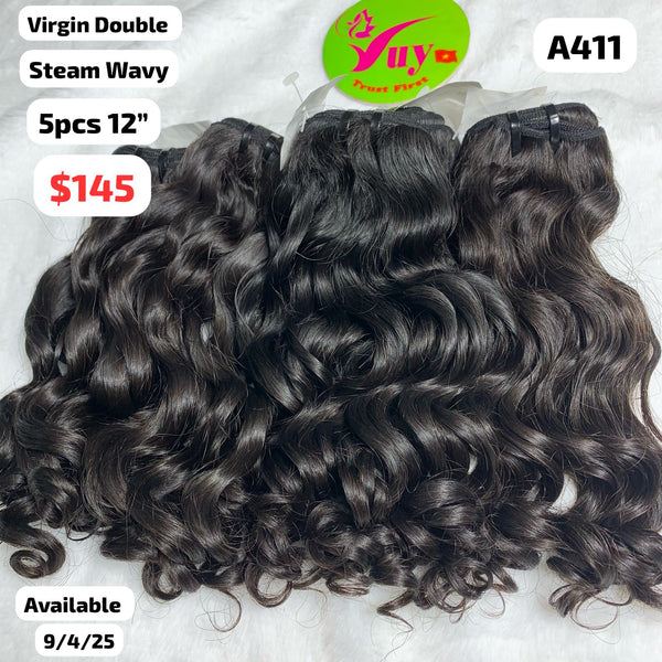 5pcs 12" Steam wavy double drawn virgin hair (A411)