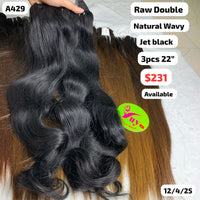 3pcs 22" Natural wavy jet black color double drawn raw hair (A429)