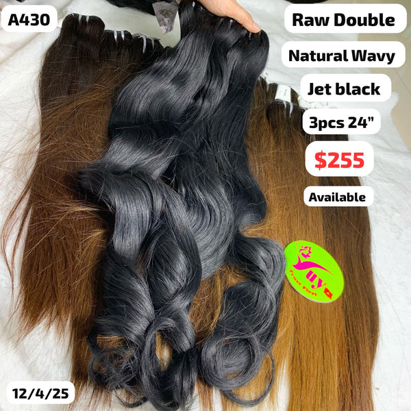 3pcs 24" Natural wavy jet black color double drawn raw hair (A430)