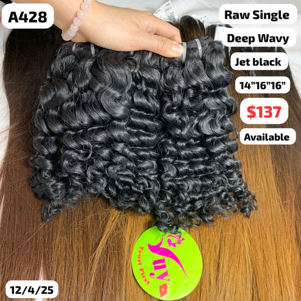 14"16"16" Deep wavy jet black color single drawn raw hair (A428)