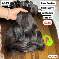 5pcs 14" Slight wavy jet black color double drawn raw hair (A433)