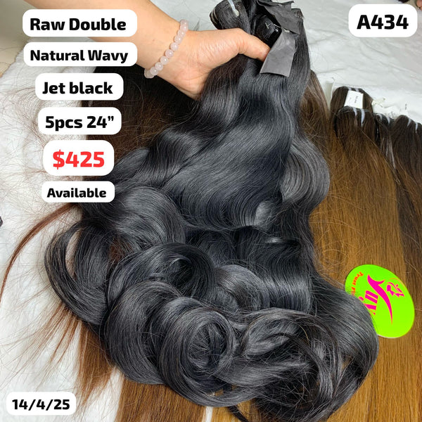 5pcs 24" Natural wavy jet black color double drawn raw hair (A434)