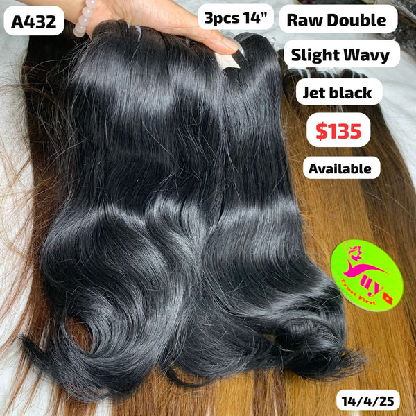 3pcs 14" Slight wavy jet black color double drawn raw hair (A432)