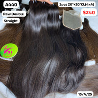3pcs 20" and 20" 4x4 closure Straight double drawn raw hair (A440)