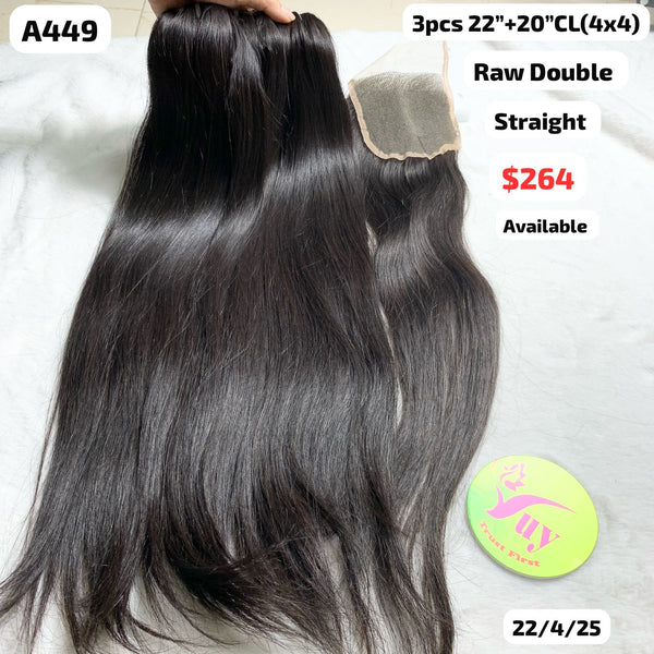 3pcs 22" and 20" 4x4 closure Straight double drawn raw hair (A449)
