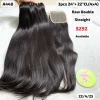 3pcs 24" and 22" 4x4 closure Straight double drawn raw hair (A448)