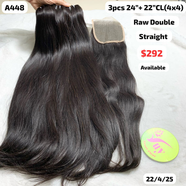 3pcs 24" and 22" 4x4 closure Straight double drawn raw hair (A448)