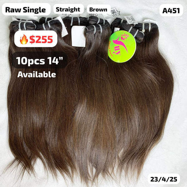 Deal 10pcs 14" Straight brown color single drawn raw hair (A451)