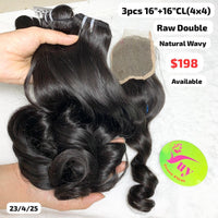 3pcs 16" and 16" 4x4 closure Natural wave double drawn raw hair