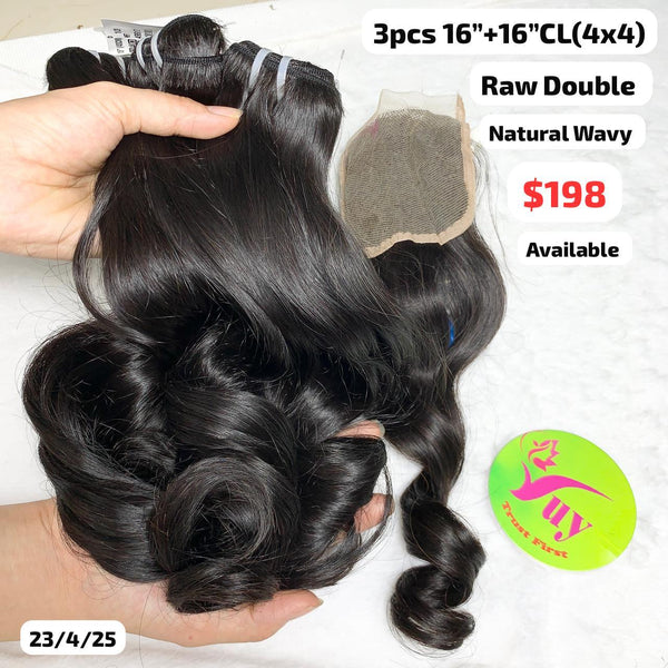 3pcs 16" and 16" 4x4 closure Natural wave double drawn raw hair