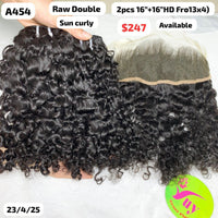 2pcs 16" and 16" 13x4 HD frontal Sun curly double drawn raw hair (A454)