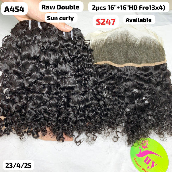 2pcs 16" and 16" 13x4 HD frontal Sun curly double drawn raw hair (A454)
