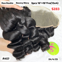 3pcs 16" and 16" 13x4 frontal Bouncy wave double drawn raw hair (A457)