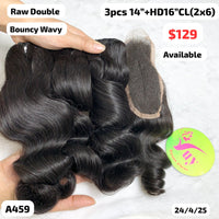 3pcs 14" and 16" 2x6 HD closure Bouncy wave double drawn raw hair (A459)