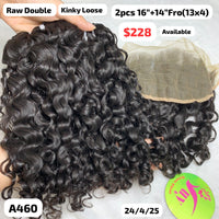 2pcs 16" and 14" 13x4 frontal Kinky loose curly double drawn raw hair (A460)