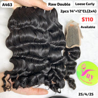 2pcs 14" and 12" 2x4 closure Loose curly double drawn raw hair (A463)