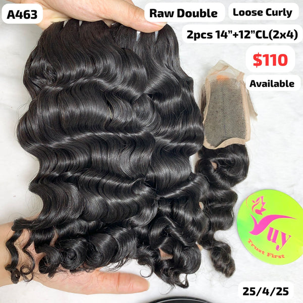 2pcs 14" and 12" 2x4 closure Loose curly double drawn raw hair (A463)