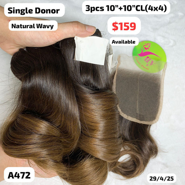 3pcs 10" and 10" 4x4 closure Natural wavy single donor hair (A472)