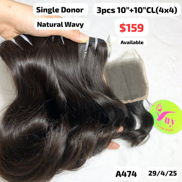 3pcs 10" and 10" 4x4 closure Natural wavy single donor hair (A474)
