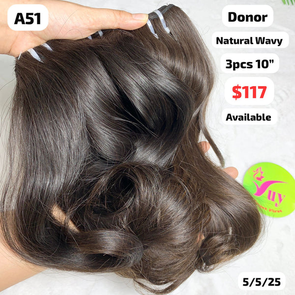 3pcs 10" Natural wavy single donor hair (A51)