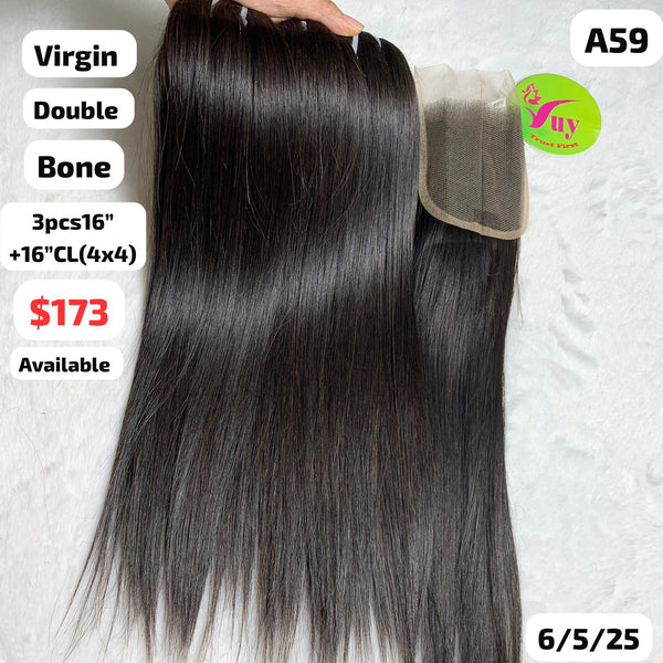 3pcs 16" and 16" 4x4 closure Bone straight double drawn virgin hair (A59)