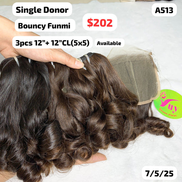 3pcs 12" and 12" 5x5 closure Bouncy funmi single donor hair (A513)