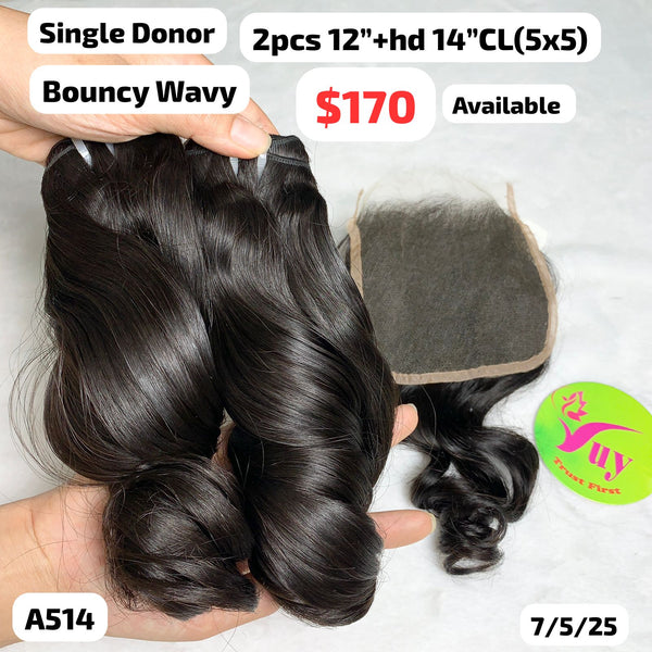 2pcs 12" and 14" HD 5x5 closure Bouncy wavy single donor hair (A514)