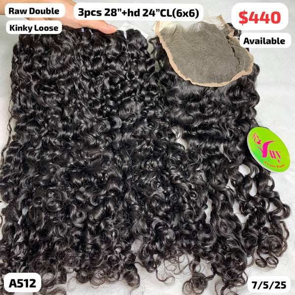 3pcs 28" and 24" HD 6x6 closure Kinky loose curly double drawn raw hair (A512)