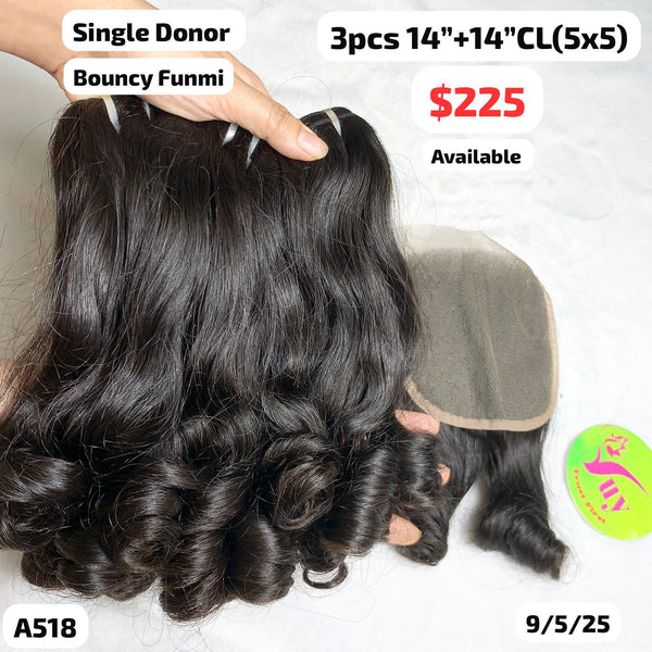 3pcs 14" and 14" 5x5 closure Bouncy funmi single donor hair (A518)