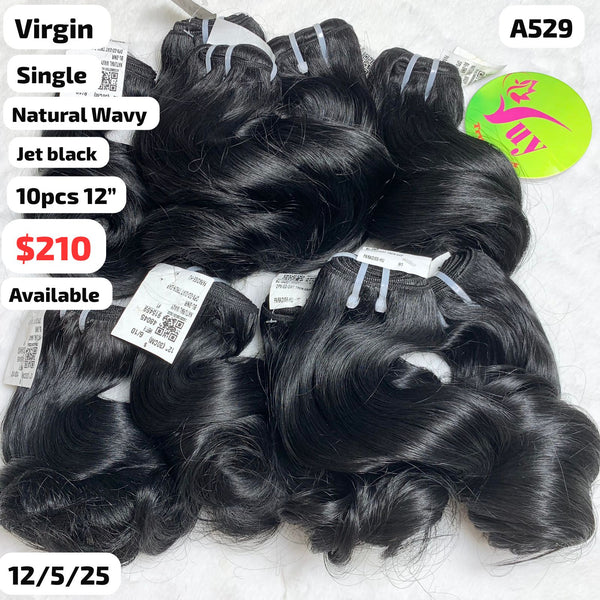 10pcs 12" Natural wave single drawn jet black color virgin hair (A529)
